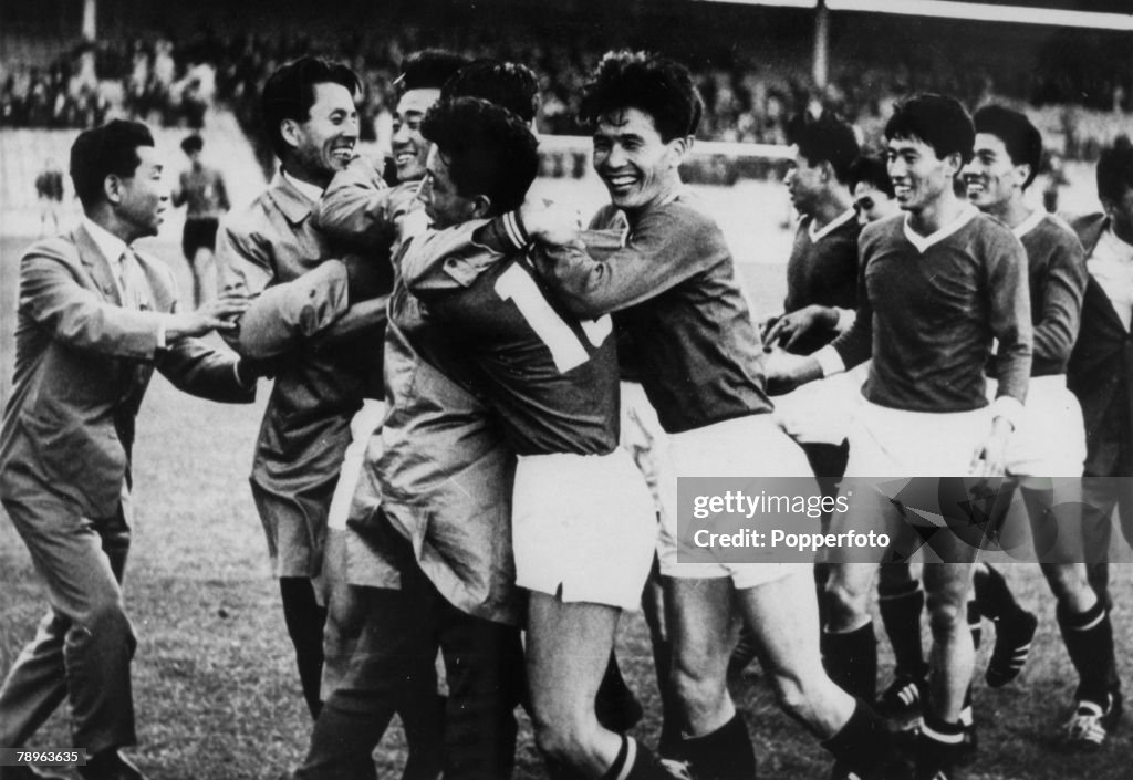 Sport. Football. 1966 World Cup Finals. pic: 19th July 1966. North Korea 1 v Italy 0 at Ayresome Park, Middlesbrough. The unknown teamfrom the Far East defeated the star-studded Italian team with Pak Doo Ik scoring the winning goal with a shot from 20 yar