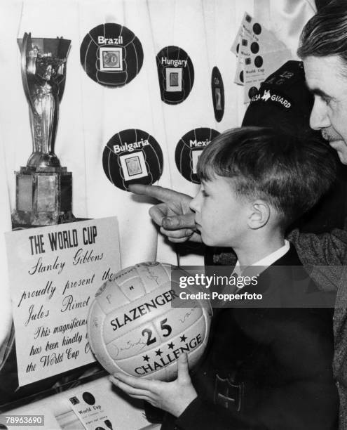 Sport, Football, 1966 World Cup Finals, London, pic: March 1966, The Jules Rimet trophy on display at the National Stamp Exhibition at Central Hall...