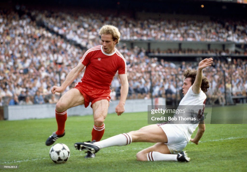 BT Sport. Football. pic: 26th May 1982. Aston Villa 1 v Bayern Munich 0. Bayern Munich's Karl-Heinz Rummenigge is stopped by a sliding tackle from Aston Villa's Gary Williams.