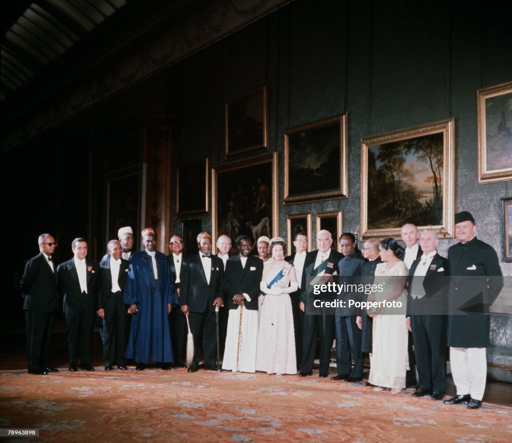 London, England. 1964. Queen Elizabeth II (centre) is pictured with distinguished figures who attended the Commonwealth Prime Ministers Conference held at Marlborough House.
