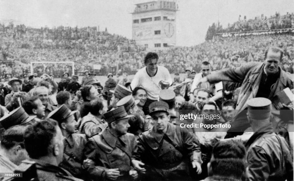 Sport. Football. World Cup Final, 1954. Berne, Switzerland. 4th July, 1954. West Germany 3 v Hungary 2. West German captain Fritz Walter and coach Sepp Herberger are carried aloft after their victory.