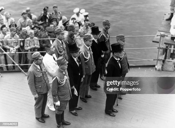 World War II, Japanese Surrender, Tokyo Bay, 2nd September 1945, The Japanese envoys arrive aboard the USS Missouri to sign the surrender document,...
