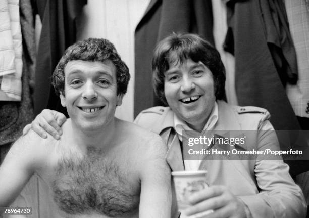 Ian Callaghan of Liverpool is joined by comedian Jimmy Tarbuck as they celebrate in the dressing room after the FA Cup Semi Final replay between...