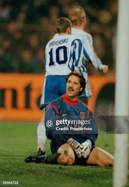 4th November 1998, UEFA, Champions LEAGUE in Kiev, Dynamo Kiev 3 v Arsenal 1, Arsenal goalkeeper David Seaman on his knees after just failing to stop...