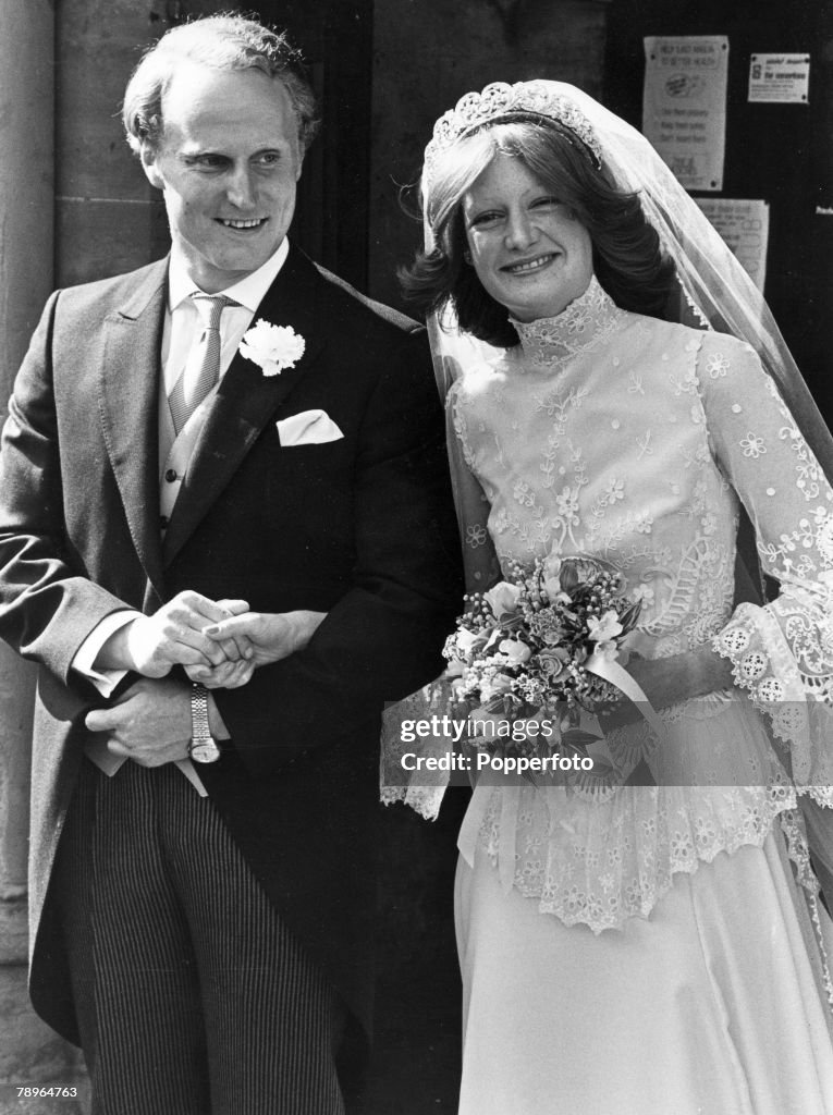 People. Aristocracy. pic: 1980. Great Brington, Northamptonshire.The wedding of Lady Sarah Spencer and Neil McCorquedale at St. Mary the Virgin village church, Great Brington.