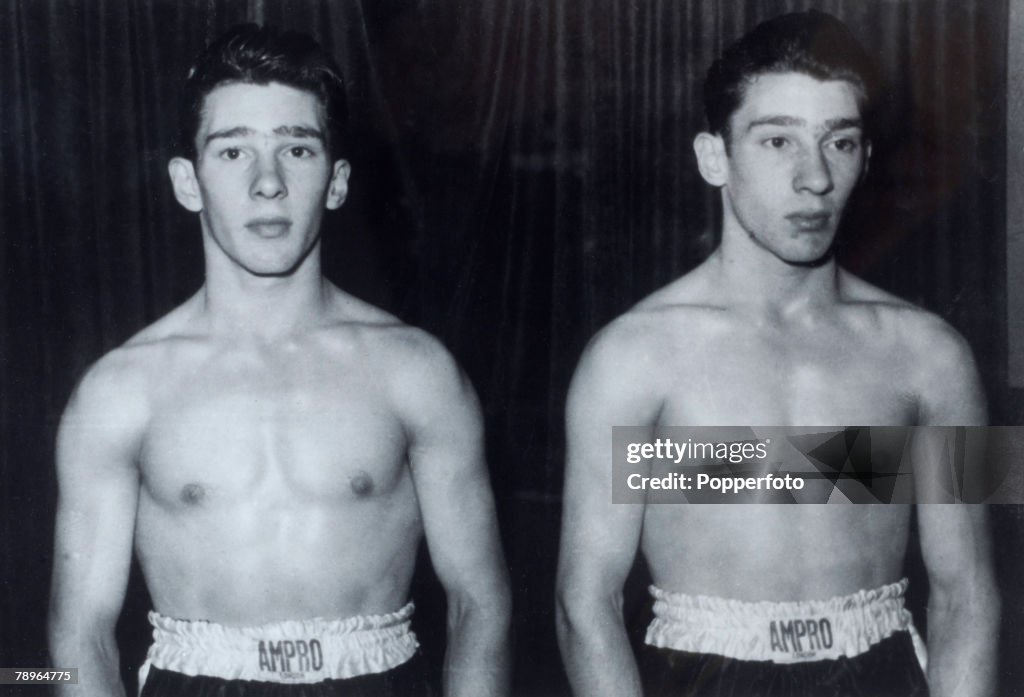 Crime. London, England. September 1951. The Kray Twins enjoyed boxing. Reg (left) and Ronnie Kray.