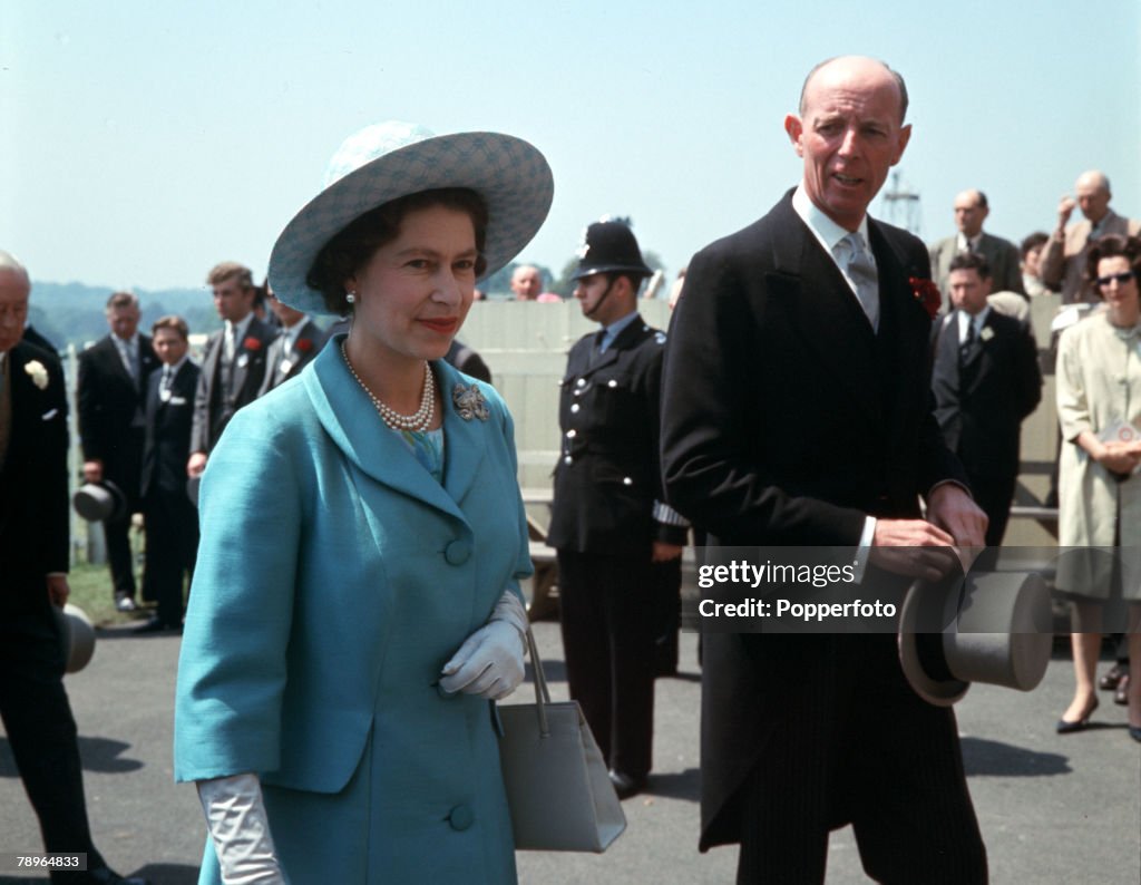 Sport. Horse Racing. Epsom, England. 1965. The Oaks. Queen Elizabeth II is pictured at the races.