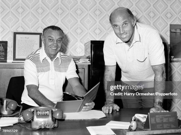 Liverpool FC assistant manager Joe Fagan and chief coach Ronnie Moran during a meeting at Anfield in Liverpool, England, circa December 1979.