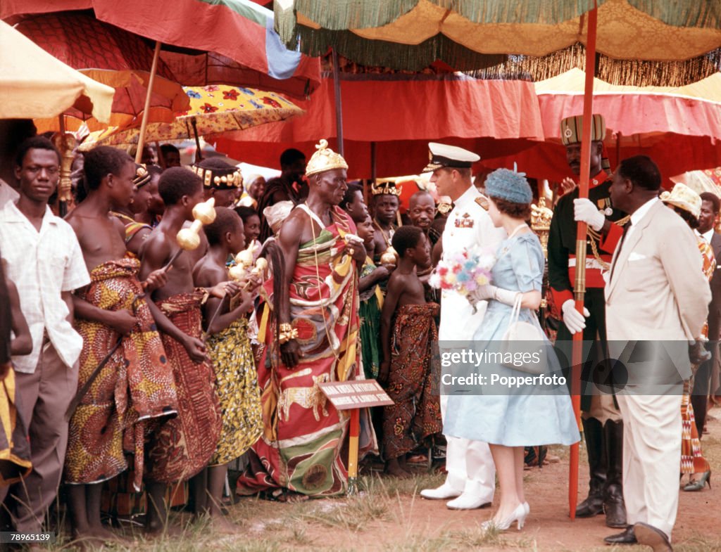 West Africa. 1961. Queen Elizabeth II and Prince Philip the Duke of Edinburgh are pictured meeting native people during their visit.