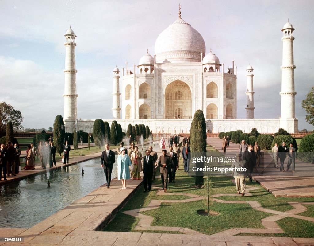 1961. Royal Tour to India. Queen Elizabeth II and Prince Philip, the Duke of Edinburgh, are pictured at the Taj Mahal in Agra.