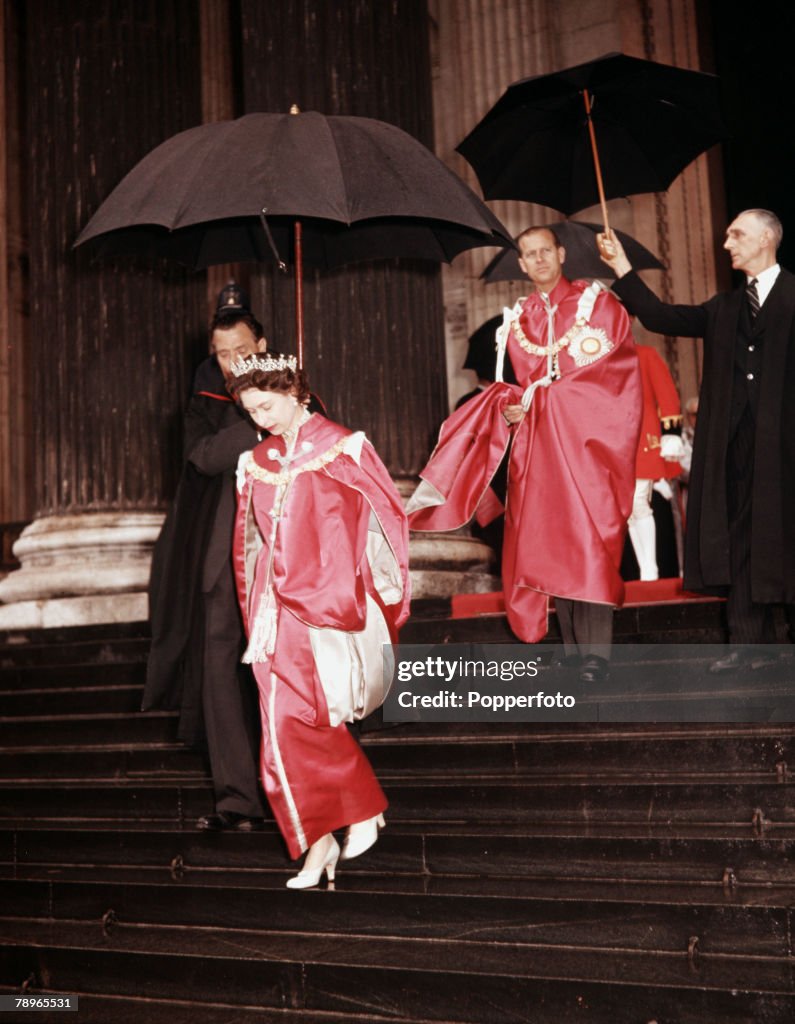 London, England. 20th May 1960. Queen Elizabeth II and Prince Philip, the Duke of Edinburgh, are pictured at St Pauls Cathedral attending a ceremony to open a new OBE's chapel.