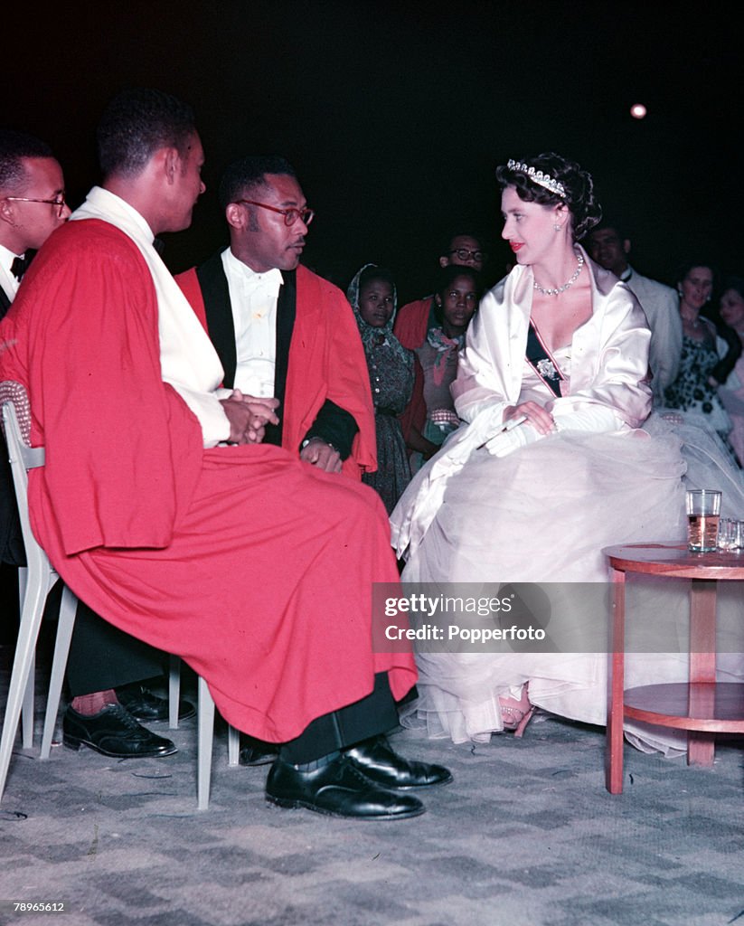 1955. Princess Margaret's Caribbean Tour. Princess Margaret is pictured talking to some of the Principals while visiting the University of Jamaica.