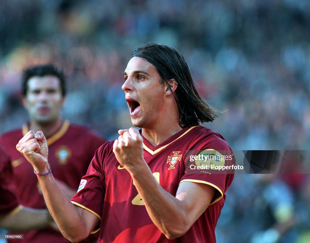 Football. European Championships (EURO 2000). Semi-Final. King Baudouin Stadium, Brussels, Belgium. France 2 v Portugal 1 (on golden goal). 28th June, 2000. Portugal+s Nuno Gomes celebrates after scoring.