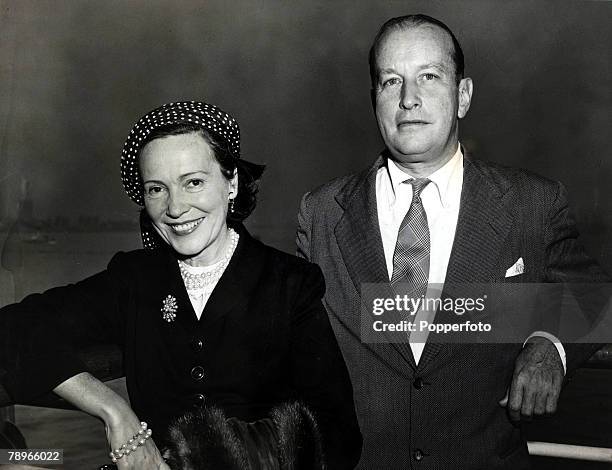 Adele Astaire Douglass and her husband Kingman Douglass on the SS "America" as the ship arrives in New York, Adele Astaire Douglass is the sister of...