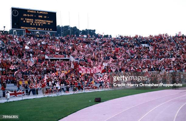 Liverpool fans show their support before the European Cup Final between Liverpool and Borussia Monchengladbach at the Stadio Olimpico on May 25, 1977...