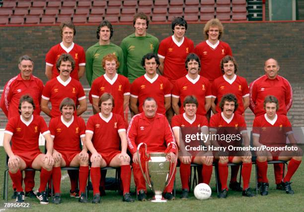 Liverpool line up for a team photograph with the European Cup at Anfield in Liverpool, England, circa July 1978. Back row : Phil Neal, Ray Clemence,...