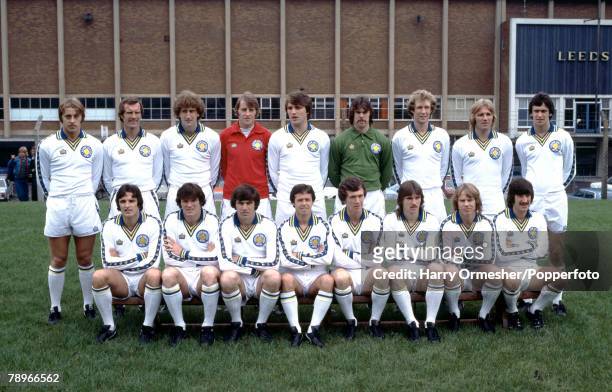 Leeds United line up for a team photograph outside Elland Road in Leeds, England, circa August 1978. Back row : John Hawley, Paul Madeley, Paul Hart,...