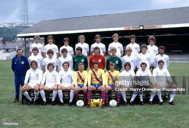 Swansea line up for a team photograph at the Vetch Field in Swansea, Wales, circa August 1978. Back row : P Lloyd, Chris Marustik, Ian McCarthy, I...