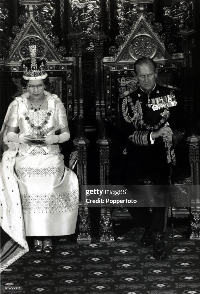 British Royalty. pic: 12th November 1986. HM Queen Elizabeth II accompanied by HRH Duke of Edinburgh at the State opening of Parliament.