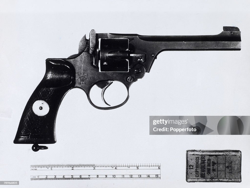 Crime. England. 1961. The A6 Murder. The gun, is a black six chambered Enfield .38 revolver. This was the weapon used to kill Michael Gregsten and shoot his friend Valerie Storie on Deadman's Hill, Clophill, Bedfordshire on the night of 22nd August. A box