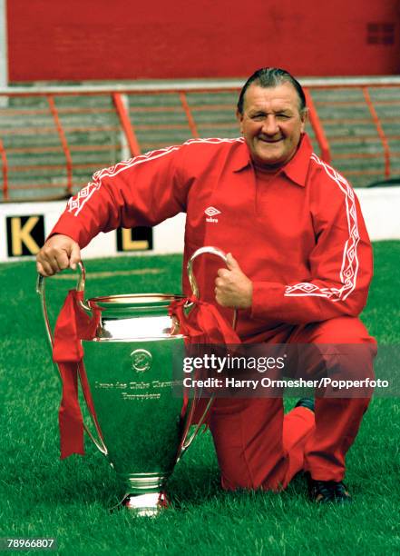 Liverpool manager Bob Paisley with the European Cup at Anfield in Liverpool, England, circa August 1978.