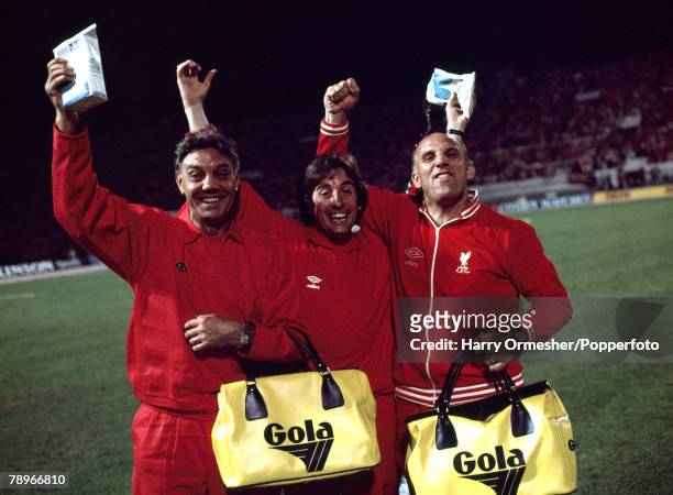 Liverpool backroom staff Joe Fagan, Roy Evans and Ronnie Moran celebrate after the European Cup Final between Liverpool and Borussia Monchengladbach...