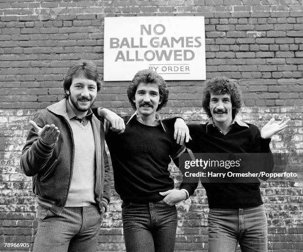 Liverpool FC footballers Jimmy Case , Graeme Souness and Terry McDermott in front of a 'No Ball Games Allowed' sign outside Anfield in Liverpool,...