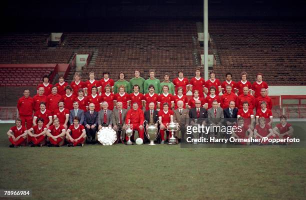 Liverpool Football Club players and officials line up for a group photograph at Anfield in Liverpool, England, circa August 1977. Back row : Jeff...