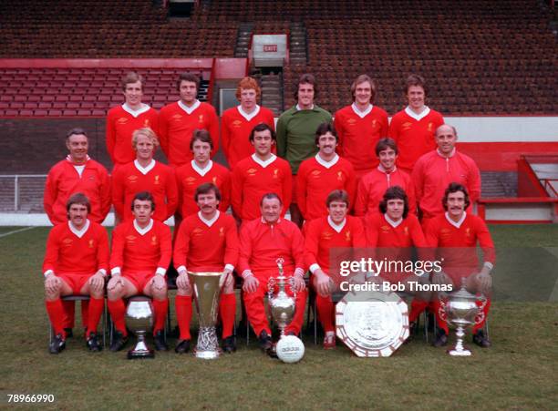 Football, Season 1976/7, Liverpool FC Photo-call, The Liverpool squad pose together for a group photograph complete with the trophies that they won...