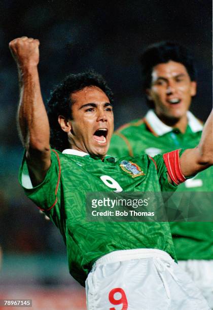 Circa 1990, Copa America, Mexico striker Hugo Sanchez celebrates a goal