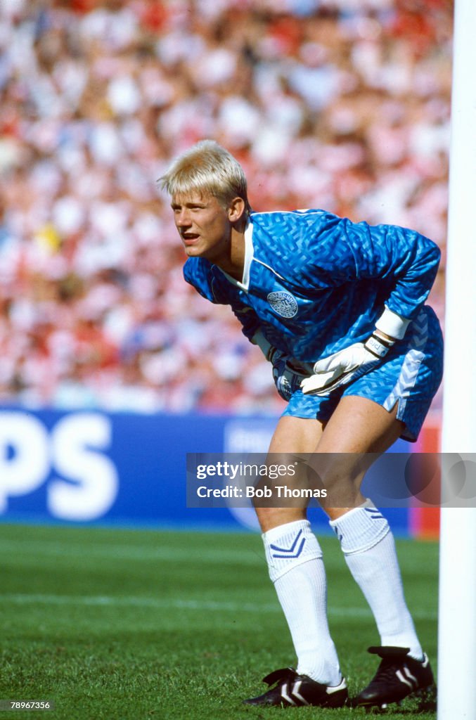 Sport. Football. pic: 14th June 1988. European Championship in Gelsenkirchen. West Germany 2 v Denmark 0. Peter Schmeichel, Denmark goalkeeper 1987-2001, who won 129 Denmark international caps.