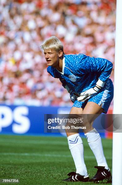 Sport. Football. pic: 14th June 1988. European Championship in Gelsenkirchen. West Germany 2 v Denmark 0. Peter Schmeichel, Denmark goalkeeper 1987-2001, who won 129 Denmark international caps. Sport. Football. pic: 14th June 1988. European Championship in Gelsenkirchen. West Germany 2 v Denmark 0. Peter Schmeichel, Denmark goalkeeper 1987-2001, who won 129 Denmark international caps.