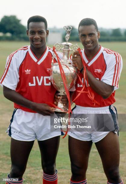 August 1989, Arsenal's David Rocastle, right, and Michael Thomas with the First Division Championship trophy, Michael Thomas clinched the...