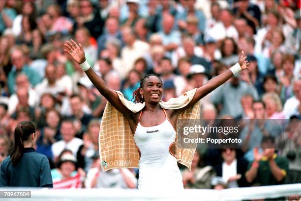 Tennis, Wimbledon Lawn Tennis Championships, Women+s Singles, Quarter Finals, 4th July 2000, USA+s Venus Williams celebrates after beating...