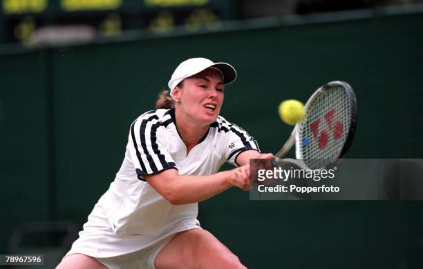 Tennis, Wimbledon Lawn Tennis Championships, Women+s Singles, Quarter Finals, 4th July 2000, Switzerland+s Martina Hingis hits a double-handed...