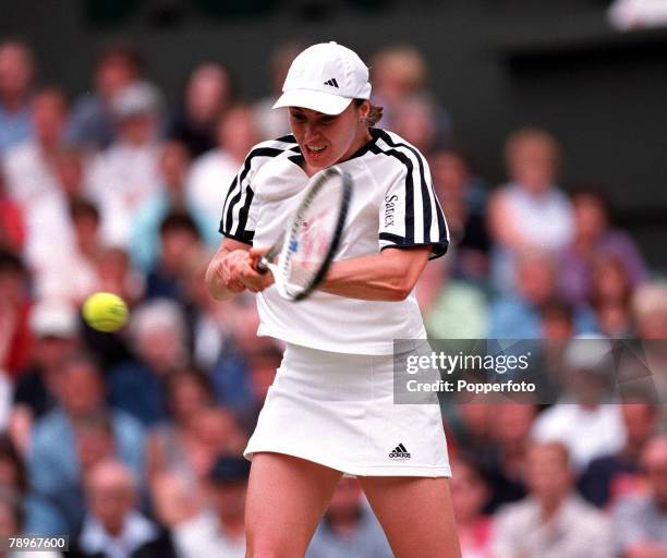 Tennis, Wimbledon Lawn Tennis Championships, Women+s Singles, Quarter Finals, 4th July 2000, Switzerland+s Martina Hingis hits a double-handed...