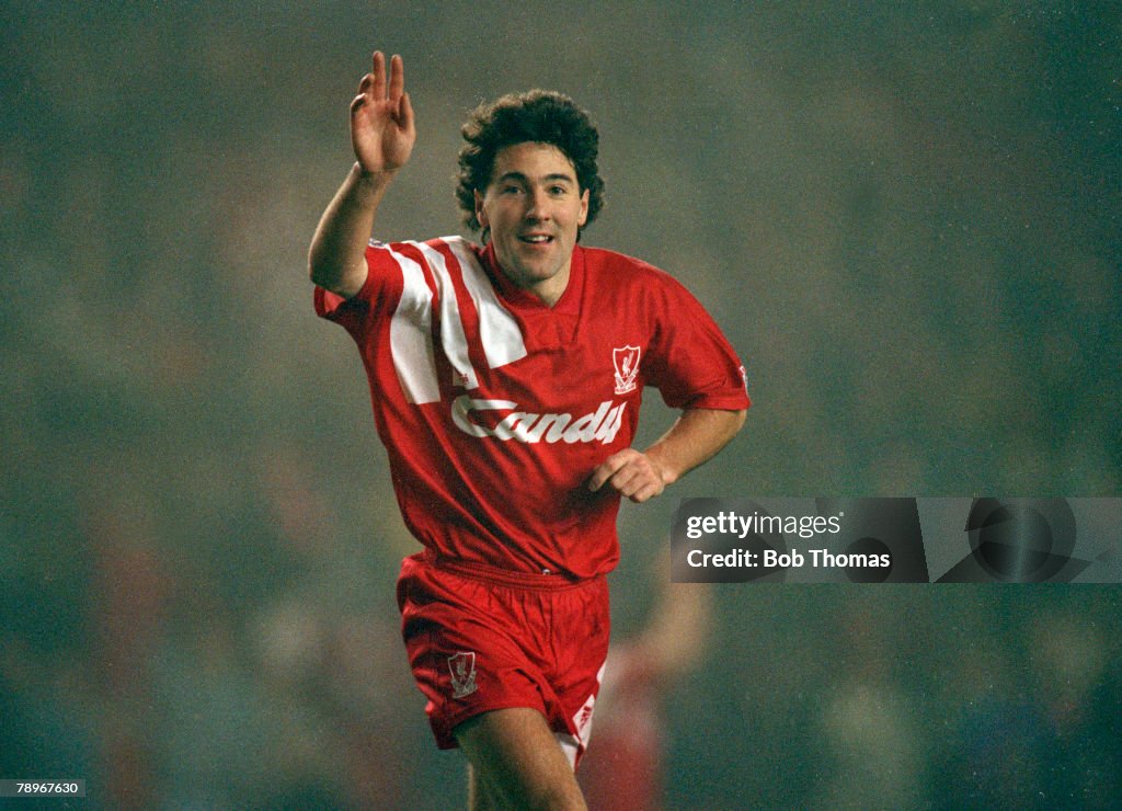 Sport. Football. pic: 11th December 1991. UEFA. Cup 3rd Round 2nd Leg. Liverpool 4 v Swarovski Tirol 0. Liverpool win 6-0 on aggregate. Liverpool's Dean Saunders celebrates his hat-trick and breaking Roger Hunt's 27 year old record of 7 goals in Europe.