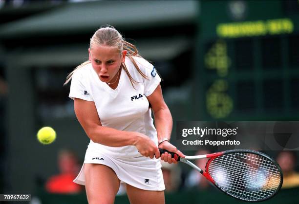 Tennis, Wimbledon Lawn Tennis Championships, Women+s Singles, Semi-Finals, 6th July 2000, Australia+s Jelena Dokic hits a double-handed backhand...