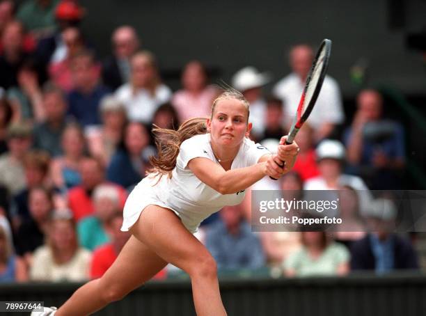 Tennis, Wimbledon Lawn Tennis Championships, Women+s Singles, Semi-Finals, 6th July 2000, Australia+s Jelena Dokic hits a double-handed backhand...