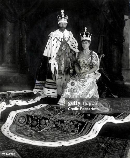 Formal portrait of King George V and Queen Mary in full coronation regalia in 1911. The coronation of George V and Mary would take place at...