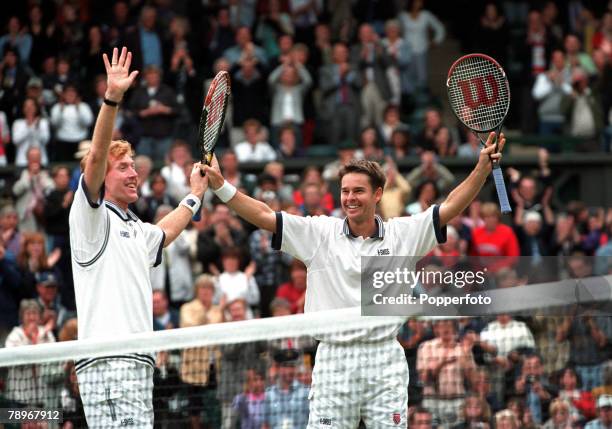 Tennis, Wimbledon Lawn Tennis Championships, Men+s Doubles, Final, 8th July 2000, Australia+s Todd Woodbridge and Mark Woodforde celebrate their...