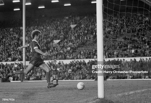 Terry McDermott of Liverpool scores into an open goal during the European Cup 1st Round 2nd Leg between Liverpool v Oulun Palloseura at Anfield on...