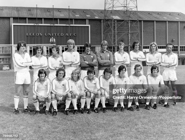 Leeds United FC squad line up for a team photograph outside Elland Road in Leeds, England, circa July 1977. Back row : Ray Hankin, Carl Harris,...