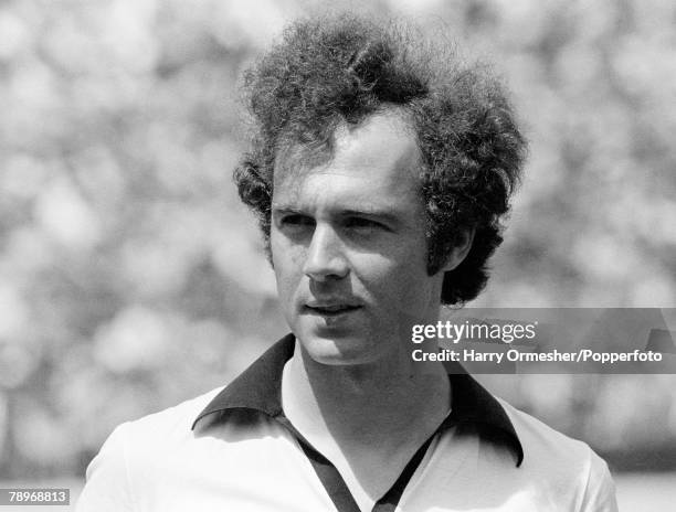 Franz Beckenbauer of New York Cosmos looks on during the North American Soccer League match between Los Angeles Aztecs and New York Cosmos at the Los...