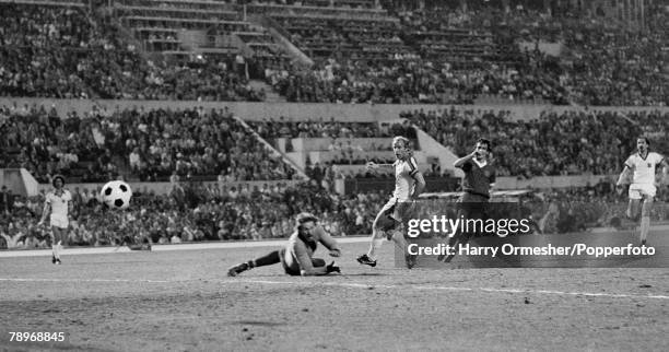 Terry McDermott of Liverpool scores past the Borussia Monchengladbach goalkeeper Wolfgang Kneib and captain Berti Vogts during the European Cup Final...