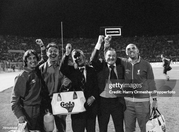 Liverpool's management team celebrate after the European Cup Final between Liverpool and Borussia Monchengladbach at the Stadio Olimpico on May 25,...