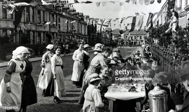 War and Conflict, World War I, Peace, pic: August 1919, A street party in progress in the peace celebrations at Millfield Road, York, The...