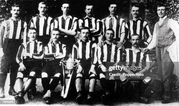 Sport, Football, 31st March 1894, The Notts County team, captained by Calderhead, with English FA Cup trophy after their victory over Bolton...
