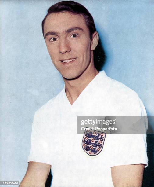 Chelsea and England footballer Jimmy Greaves wearing an England national team shirt, circa 1960.