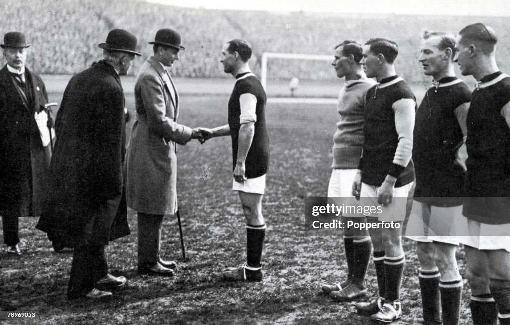 Sport. Football. 1920 FA Cup Final. Stamford Bridge, London. 24th April, 1920. Aston Villa 1 v Huddersfield Town 0. Prince Henry meets the Aston Villa team before the match.